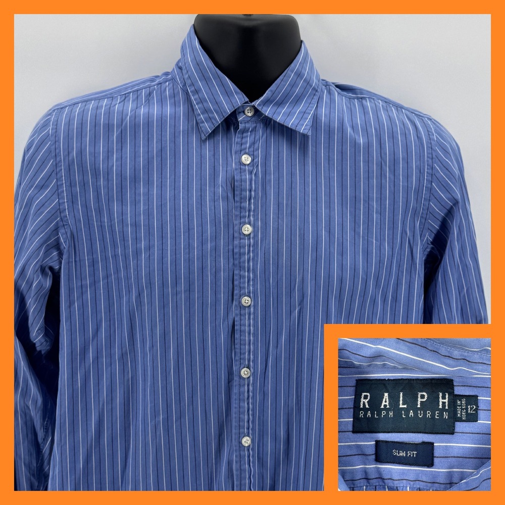 Ralph Lauren Button Front‎ Shirt Womens 12 Blue White Striped Slim Fit Cotton